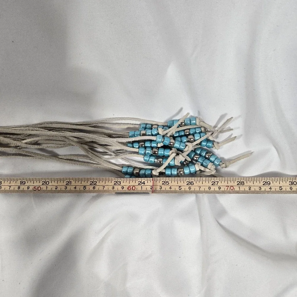 Southwestern Suede Tie Belt Turquoise Color Bead Silver Tone Concho Fringe Boho